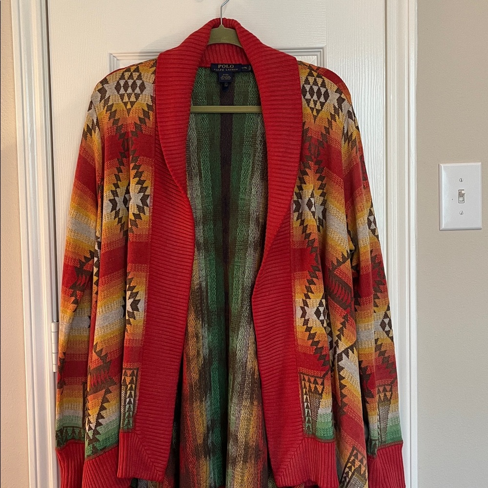 Polo by Ralph Lauren Coral & Green Southwestern Draped Knit Cardigan - Picture 3 of 7